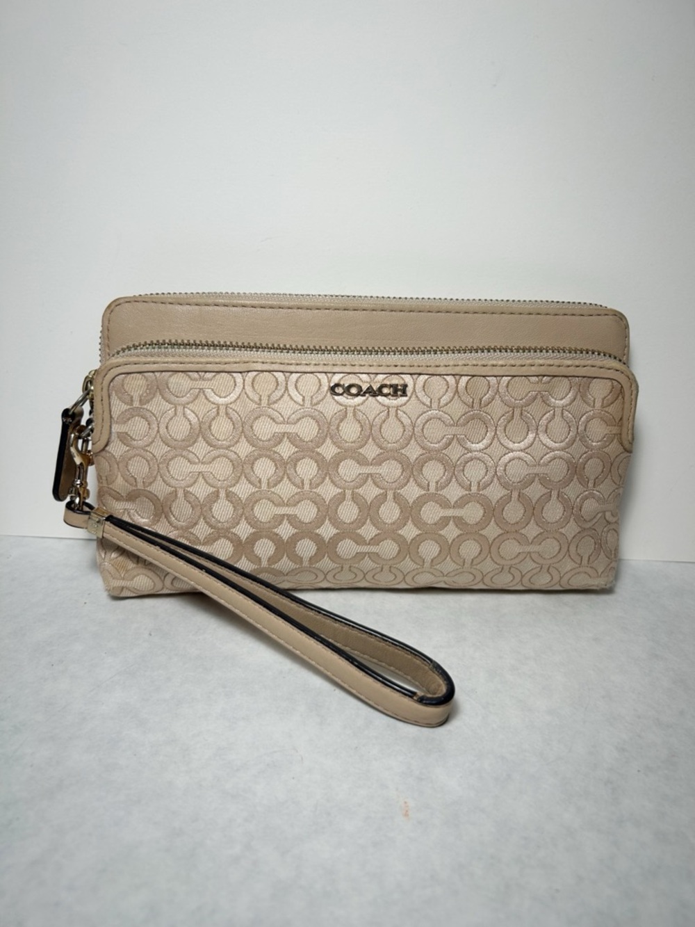 Coach Madison Op Art Double Zip Wallet Wristlet (Style No. F51221) Gold/Tan Tone - Picture 1 of 11